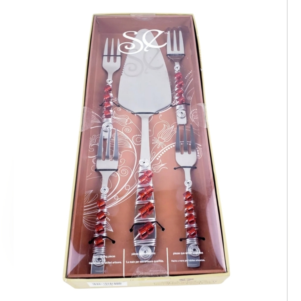 HOME ESSENTIAL 5 Piece Fancy serving Handmade Beaded ~Stainless Steel~ Open box